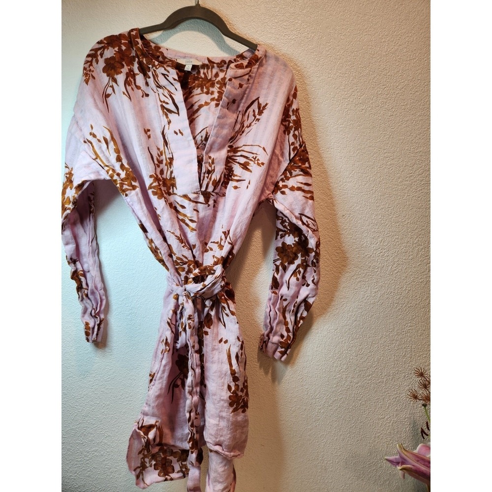 Joie Floral Belted Mini Dress Small Pink Brown Long Sleeve V Neck Boho